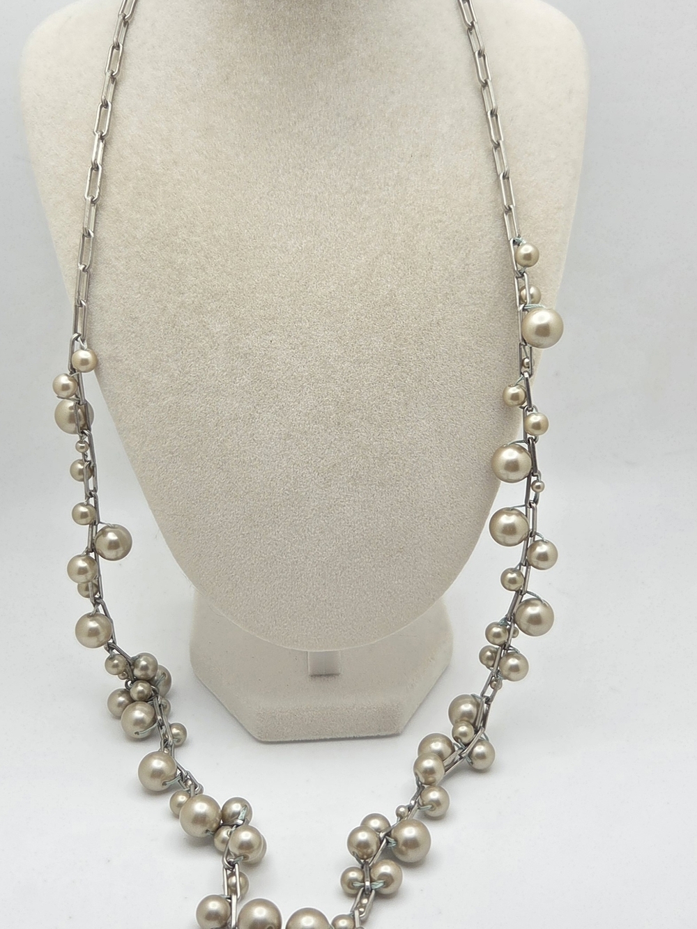J.Crew Silver Tone Paperclip & Glass Cluster Pearl Long Necklace - 31"